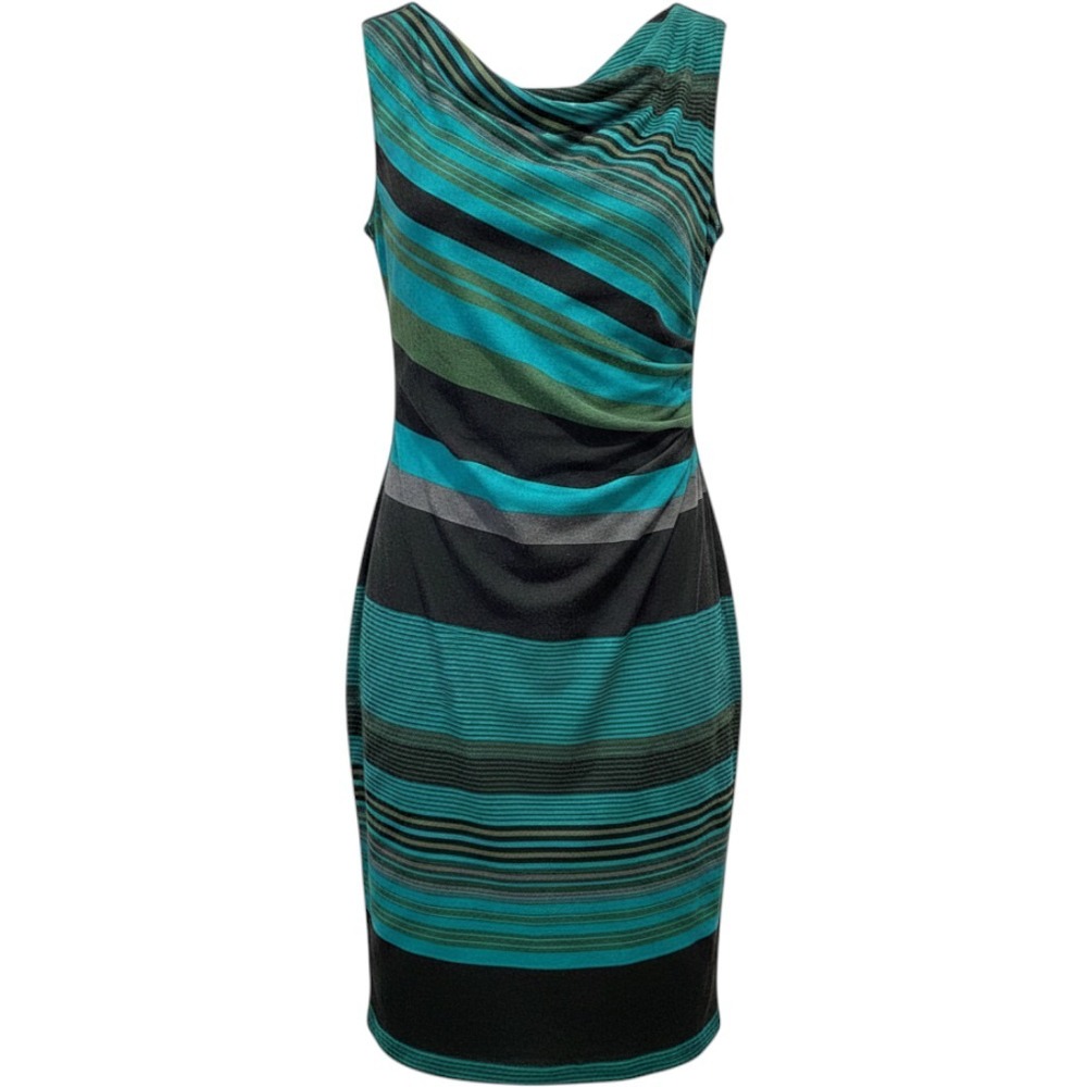 Julian Taylor Teal‎ Green Striped Ruched Cowl Neck Dress 12 Work Professional